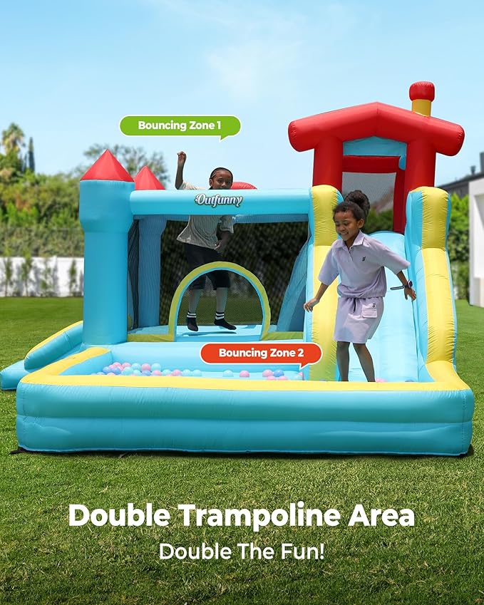 Inflatable Bounce House, Large Bouncy Castle for Kids with Slide, Outdoor & Indoor, 450W Blower - Blue