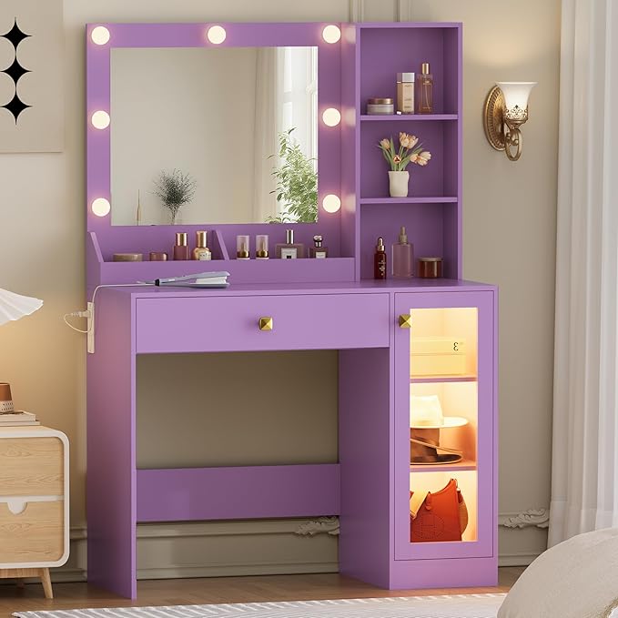 Makeup Vanity with Mirror and Lights & Power Outlet, 34'' Small Vanity Desk with Drawers and Storage Cabinet & Makeup Tray, Dressing Table for Girls Bedroom Dressing Room, Purple