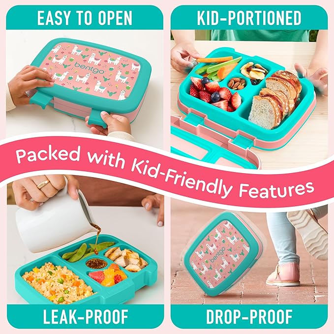 Bentgo Kids Prints Leak-Proof, 5-Compartment Bento-Style Kids Lunch Box - Ideal Portion Sizes for Ages 3-7, Durable, Drop-Proof, Dishwasher Safe, & PFAS & BPA-Free Materials (Llamas)