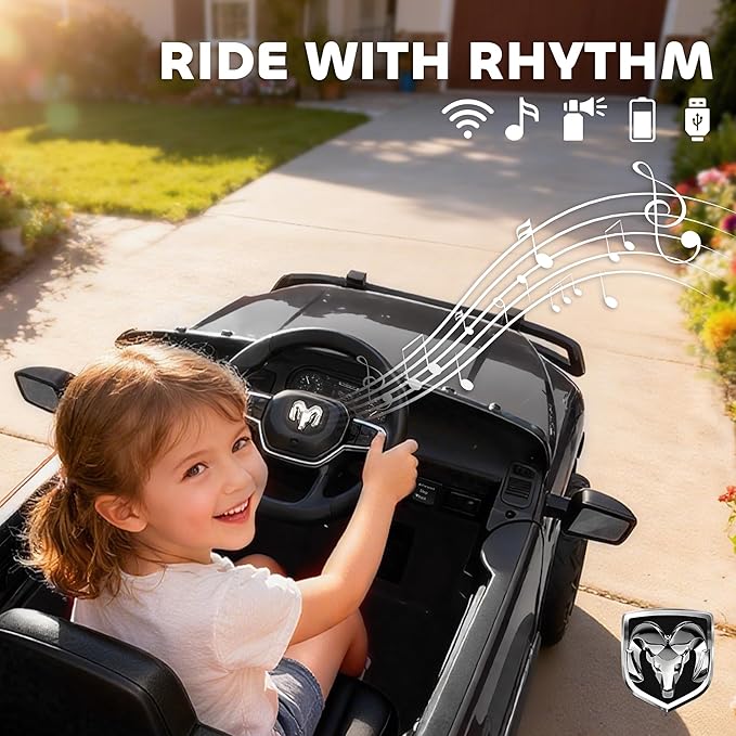 Qaba 12V Kids Ride on Car, Licensed Dodge RAM 3500 Electric Car for Kids with Dual Motors, Parent Remote Control, Rear Suspension, Power Display, Bluetooth Music and LED Lights, Black