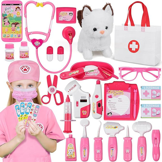 33Pcs Pet Doctor Kit for Toddlers - Dress Up Costume & Pretend Doctor Play Set with Cat Toy, Stethoscope, Pet Vet Roleplay Toys, Christmas Birthday Gifts for Ages 3 4 5 6 7 8 Year Old Boys Girls