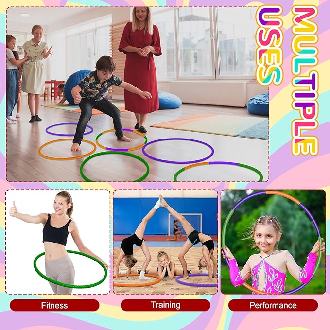 Sratte 12 Pcs Toy Hoop for Kid Detachable Adjustable Toy Hoop Colored Exercise Ring Plastic Circle for Kid Teen Gymnastics Equipment Require Self Assembly(28 Inch,Purple,Green,Orange)