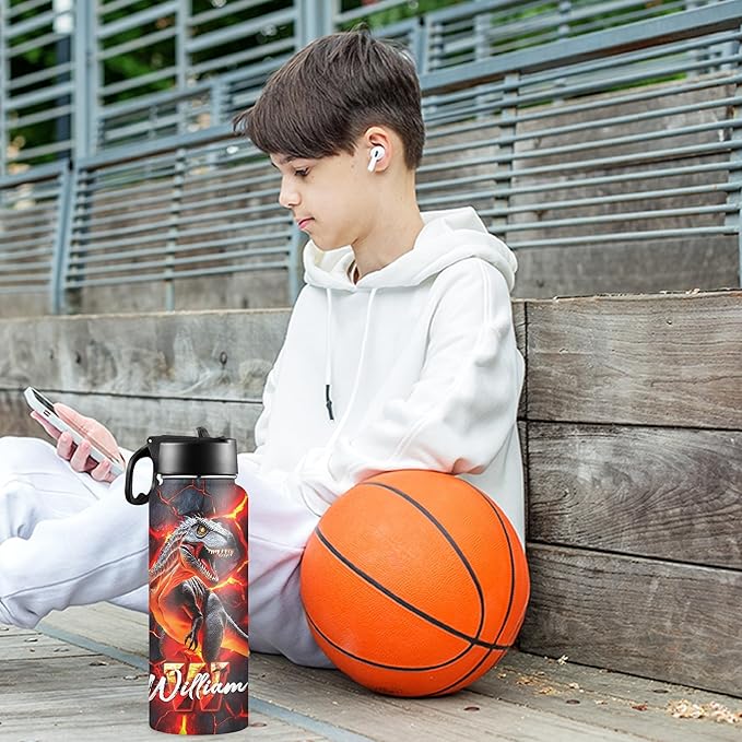 Personalized Dinosaur Water Bottles for Boys with Straw Lid Custom Sports Water Bottle for School Customized Name Stainless Steel Double Wall Insulated Cup Birthday Gifts for Kids Style17