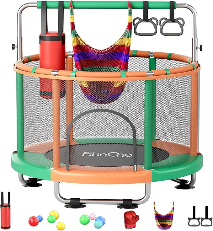 55" Toddler Mini Trampoline for Kids, Indoor Outdoor Toys with Swing, 440lbs Baby Kids Trampoline, Gymnastics Bar, Birthday Gifts for Boy Girl Age 1-8