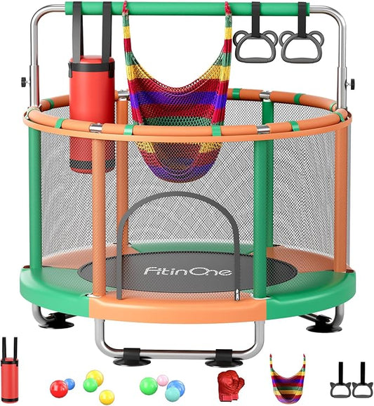 55" Toddler Mini Trampoline for Kids, Indoor Outdoor Toys with Swing, 440lbs Baby Kids Trampoline, Gymnastics Bar, Birthday Gifts for Boy Girl Age 1-8