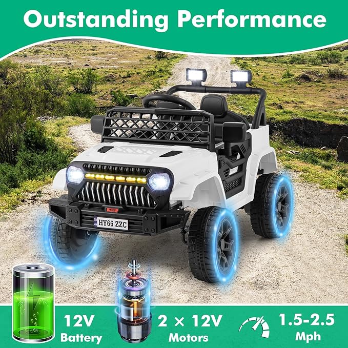 Costzon Kids Ride On Truck, 12V Battery Powered Electric Vehicles w/Remote Control, Spring Suspensions, 3 Speeds, Music, Lights, Wireless Connection, Ride on Car for Boys & Girls 3+ (White)