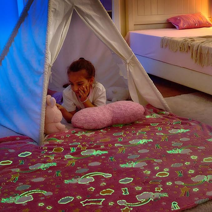 Wajade Rainbow Gifts Toys for Girls - Glow in The Dark Rainbow Blanket Birthday Christmas Decor for Kids Age 3 4 5 6 7 8 9 10 11 12 Years Old Teens Child Toddler Throw Pink 50"x60"