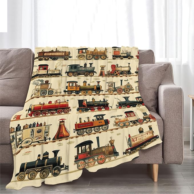 Train Blanket, Steam Train Blanket, Vintage Car Gifts Blankets Stuff Fleece Flannel Plush for Boys Men Women Girls Lovers Adults Soft Bedding Gift for Sofa Bed Office Home Decor 80"x60"