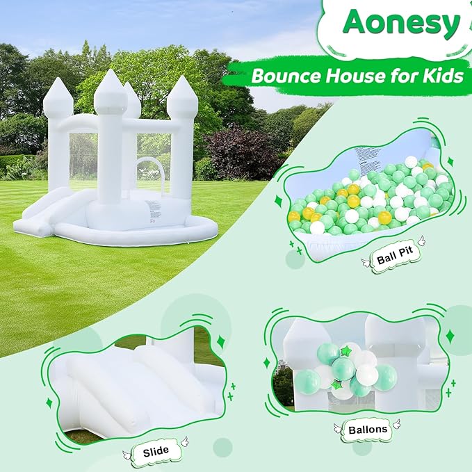 White Bounce House, Inflatable Bounce House with Ball Pit & Slide, Kids Indoor Bounce House Portable Fun House Outdoor Bounce House with Blower for Birthday Party, Wedding Decor