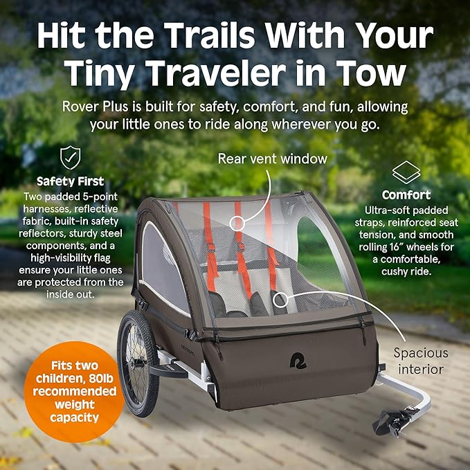 Retrospec Rover Plus Foldable Bike Trailer for Kids, Single/Double Passenger Child Bike Trailer with 5-Point Safety Harness, Reflective, Weather-Resistant Fabric and Safety Flag - Supports 40-80 lbs