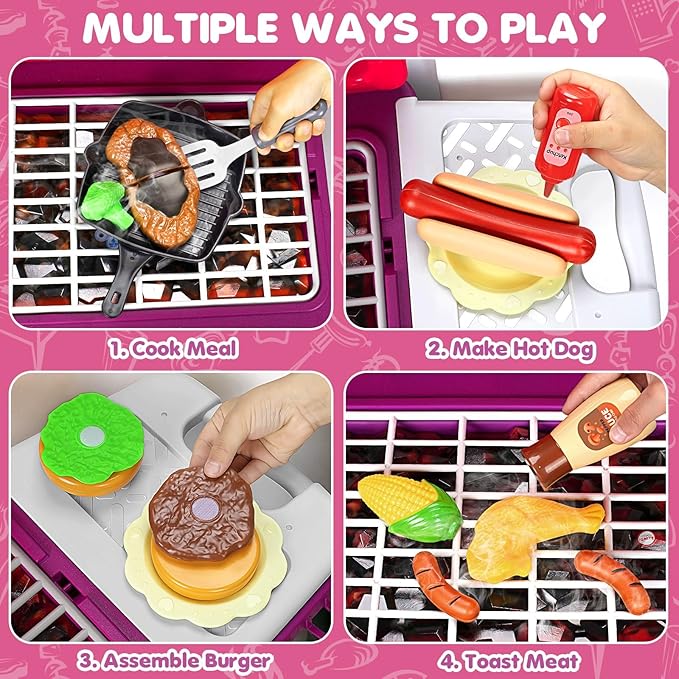 Kids Play Kitchen Toys, Kids BBQ Grill Playset with Smoke Sound Light, 2-Layer Barbecue Toy with Wheels, Outdoor Play Food Toys Cooking Set for Toddler 3-5, Birthday for Boy Girl (Pink)