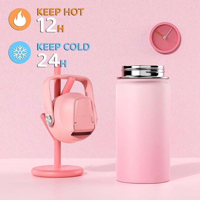 14oz Kids Insulated Water Bottle with Straw Lid - 18/8 Stainless Steel Kid Cup Travel Tumbler Double Wall Vacuum Leak Proof Portable Toddler Water Bottle (Pink+Purple）