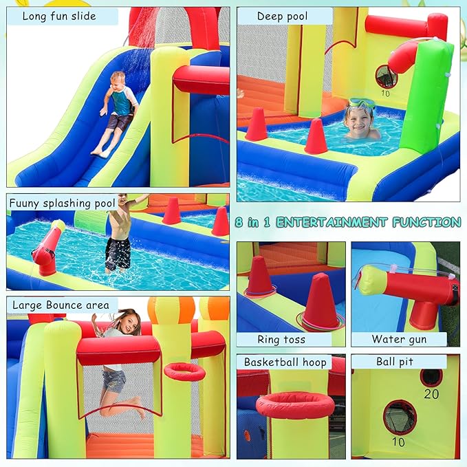 Blow Up Water Slides for Kids Backyard, Large Jumping Bouncy Castle for Kid Outdoor, 8in1 Inflatable Bounce House with 450W air Blower