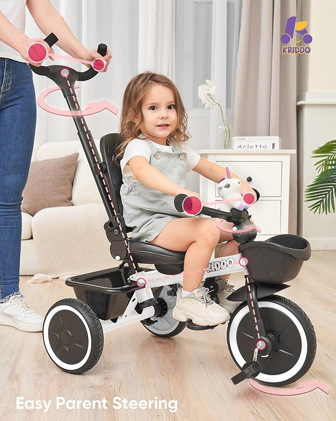 KRIDDO 7-in-1 Tricycle Stroller for Toddlers 18 Months to 5 Years, Adjustable Push Handle, Rotatable Seat, Cup Holder and Retractable Canopy, Folding Baby Trike w/Detachable Guardrail, Footrest, WH