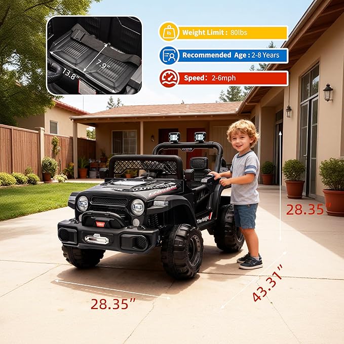 12V Kids Electric Ride on Truck，Parent Remote Control Car for Kids| Features 3 Speeds to 6MPH, 2 * 550w Moto, Spring Suspension, LED Lights, Music | for Children Aged 2-8 Years，Black
