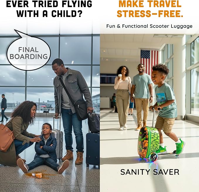 Hardshell Kids Ride-On Luggage with Scooter Suitcase – Carry-On Compliant with LED Light-Up Wheels – Fun and Functional Travel Companion for Children Ages 5–12