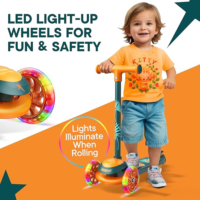 3 Wheel Scooter for Kids, Smooth Light Up LED Front Wheels, Wide Anti Slip Deck, Rear Foot Brake, Easy Lean to Steer Maneuvering, Indoor & Outdoor Ride On Toys for Ages 2 Up