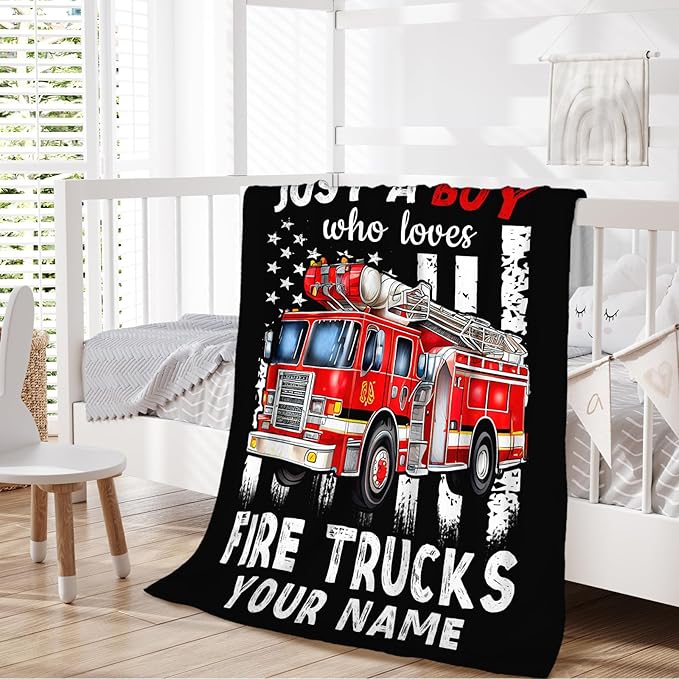 Personalized Boys Blanket Gifts with Name, Fire Trucks Throw Blankets for Kids Teens, 40x50 Inches Cute Throws for Sofa Couch Bed, Custom Gift for Truck Lovers