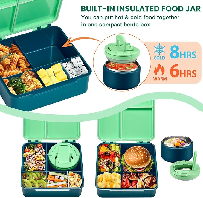 Bento Lunch Box with 8oz Soup Thermo,Kids Leakproof 4 Compartment Lunch Food Containers with Sauce Cup and Ice Pack,Kids Thermo Insulated Hot Food Jar and Lunch Bag for School,Trvael-Green