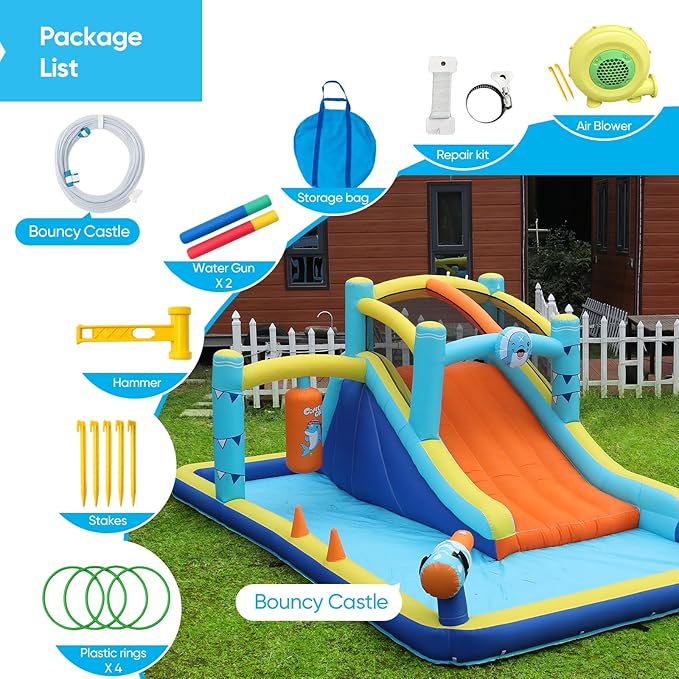 TABU Bounce House with Slide, Inflatable Castle with Splash Pool Water Cannons, Outdoor/Indoor Bouncy House with Air Blower, Ball Pit, Boxing, Climbing Wall, for Kids Aged 3-12(187.2x112x73.2IN)