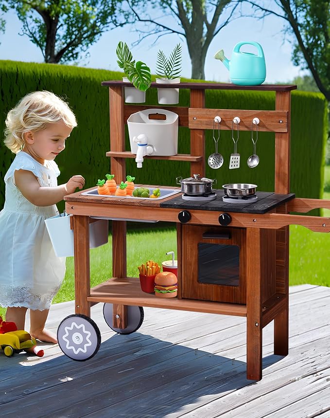 ROBUD Mud Kitchen for Kids Outdoor with Wheels, Wooden Outdoor Play Kitchen, Kids Mud Kitchen with Removable Sink & Faucet, Monteeori Toys for Children Ages 3+ Years, WG403