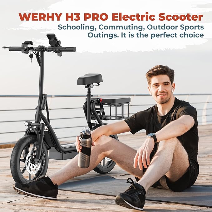 WERHY Electric Scooter, 500W Motor, 14'' Tires, Top Speed 22 mph, Max 27/49 Miles Ranges, Foldable E-Scooter with Suspension, Digital Display, Cruise Control,Rear Seat Box/Basket