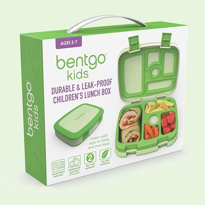 Bentgo Kids Bento-Style 5-Compartment Leak-Proof Lunch Box - Ideal Portion Sizes for Ages 3 to 7 - Durable, Drop-Proof, Dishwasher Safe, PFAS & BPA-Free & Made with Food-Safe Materials (Green)