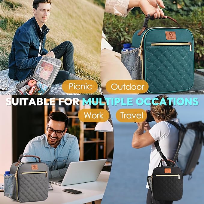 Genteen Lunch Box Reusable Lunch Bag for Men Women Kids Adults,Insulated Lunch Bag Waterproof Lunch Boxes Cooler,Small LunchBox With Side Pockets for Work Office School Travel Picnic-Black