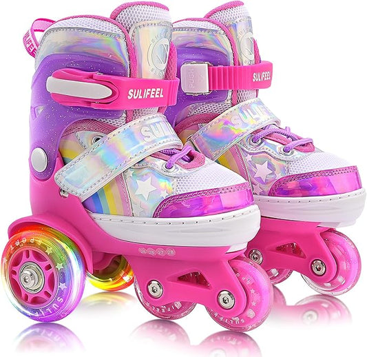 SULIFEEL Rainbow Unicorn 4 Size Adjustable Light up Roller Skates for Girls Boys for Kids