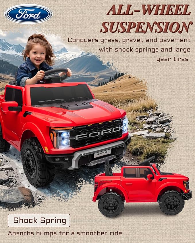 First Ride On Licensed Ford F-150 Raptor 12 Volt Kids Ride on Car, Ride on Toys for Kids with Remote Control, Electric Vehicle for Toddler with Smooth Start, Truck Bed Storage, Bluetooth (Red)