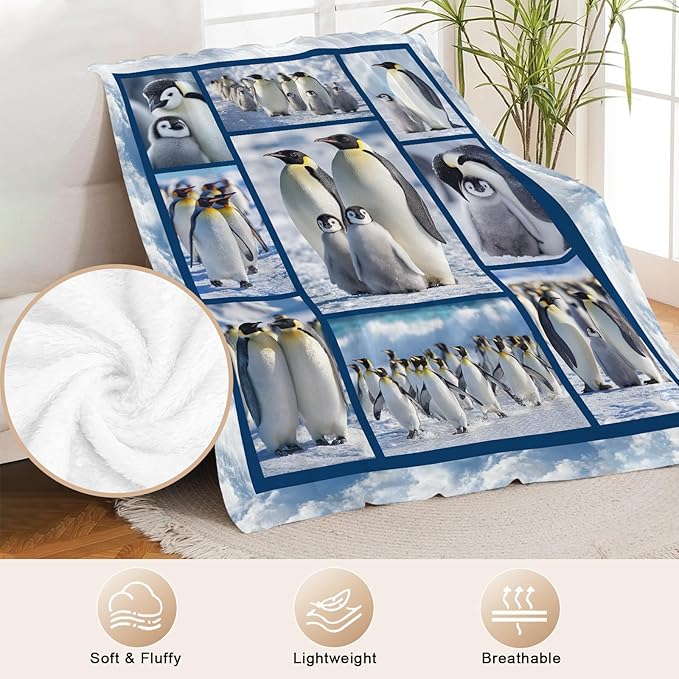 Penguin Blanket for Kids, Cute Penguin Throw Fleece Blanket Gifts for Boys Girls, Warm Cozy Soft Flannel Stuff for Bed Sofa Couch 60" x 50"