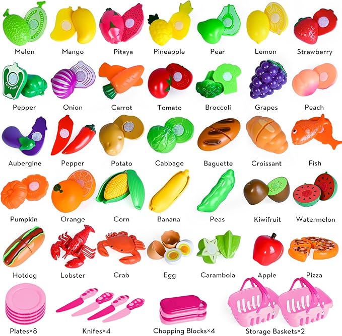 Shemira 100 PCS Cutting Play Food Toy for Kids Kitchen, Pretend Food Toys for Toddlers, Play Kitchen Toys Accessories with 2 Baskets, for 3 4 5 Years Old Boys Girls, Pink