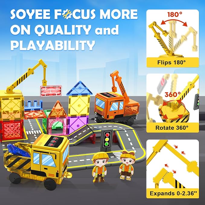 102 PCS Magnetic Tiles with 2 Cars & 2 Cranes Magnet Construction Building Kids Toys for Creative Play and STEM Learning Boys Toys & Gifts for 3-12