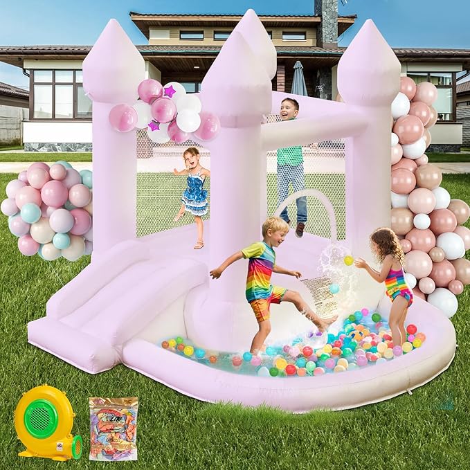 Kids Bounce House, Inflatable Bounce House with Ball Pit & Slide Toddler Bounce House Indoor Portable Fun House Outdoor Bounce House with Blower Moon Bounce Castle for Party 9 * 9 * 7 FT (Pink)