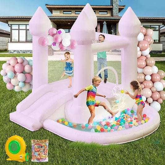 Kids Bounce House, Inflatable Bounce House with Ball Pit & Slide Toddler Bounce House Indoor Portable Fun House Outdoor Bounce House with Blower Moon Bounce Castle for Party 9 * 9 * 7 FT (Pink)