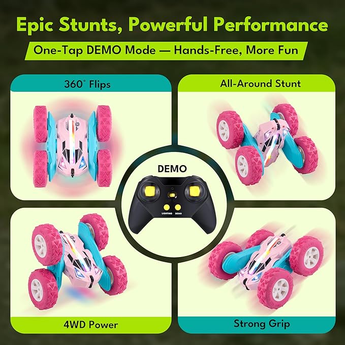 Threeking Remote Control Car RC Cars Toys for Boys Girls Ages 6-12, Upgraded USB-C Modular Batteries, 4WD Stunt Car with Breathing Soft Lights, Double-Sided Driving & 360° Flips, Presents Gifts, Pink