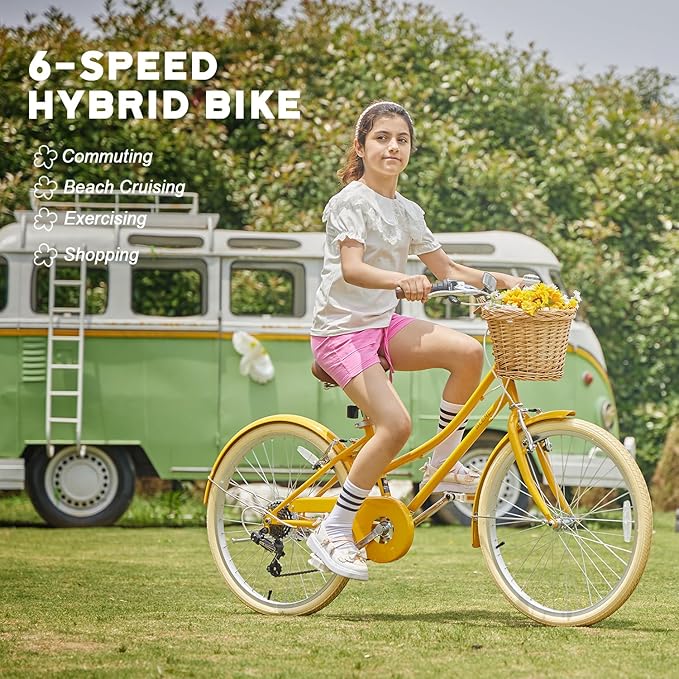 Glerc 20 24 26 Inch Beach Cruiser Bike, 6-Speed Hybrid City Bicycle for Girls Youth and Over 6 Years Old, Missy Bike with Wicker Basket & Lightweight, Multiple Colors