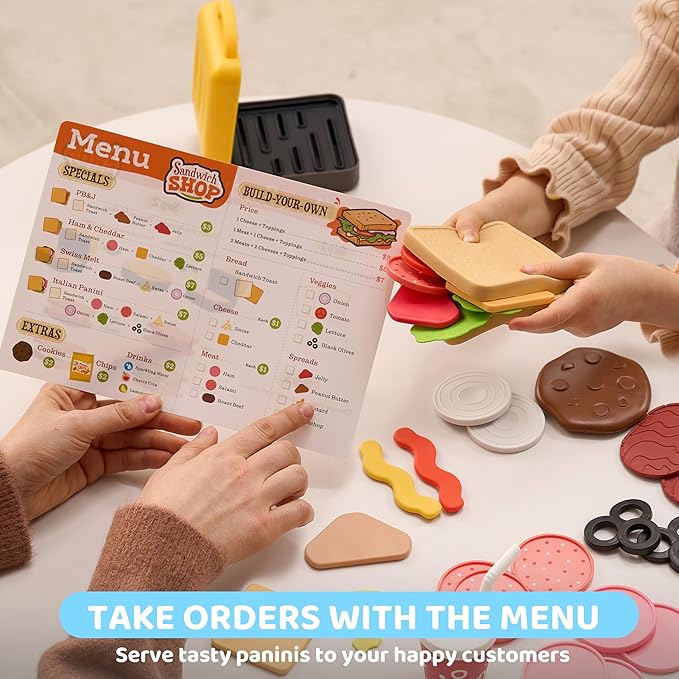 Play Food Toy for 3 4 5 6 Year Old Kids, 35 Pcs Play Kitchen Accessories, Interactive Panini Sandwich Making Toy with Menu and Play Money, Restaurant Pretend and Play Toy for Girls Boys Birthday Gift