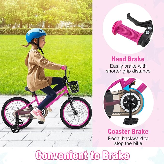 BABY JOY Starry Kids Bike, 12 14 16 18 Inch Bicycle with Training Wheels, Storage Basket, Adjustable Handlebar & Seat, Handbrake & Coaster Brake, Girls Boys Bike