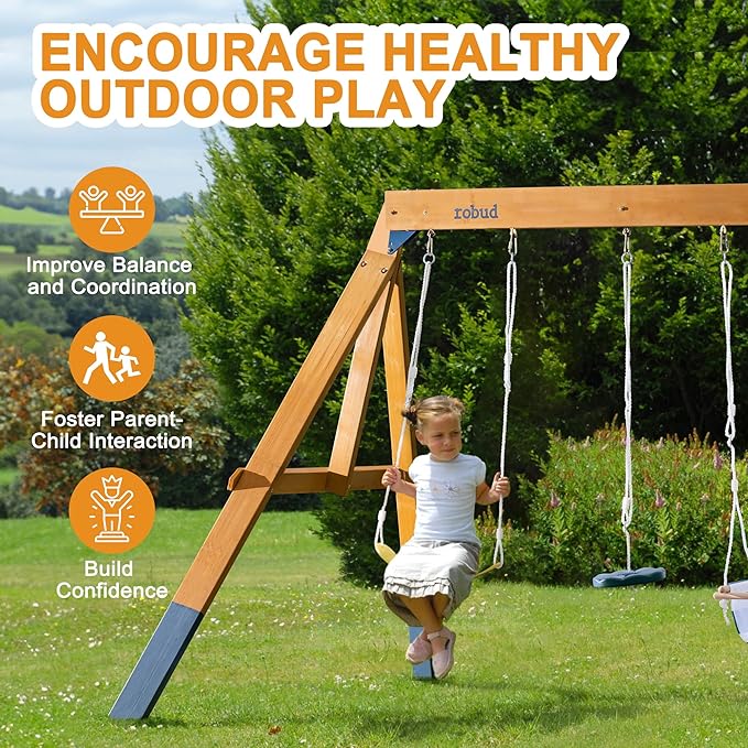 ROBUD 3-in-1 Playground Wooden Swing Sets for Backyard, DIY Swing Sets with Tree Swing and 2 Toddler Swings, Kids Outdoor Play Equipment, Outdoor Playset for Kids & Toddlers, Ages 3+