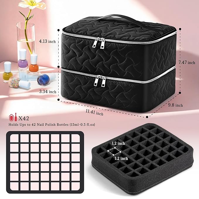 DreamGenius Nail Polish Organizer Case Holds 42 Bottles, Portable Double-Layer Nail Polish Storage Bag with Adjustable Dividers for Manicure Tools, Black