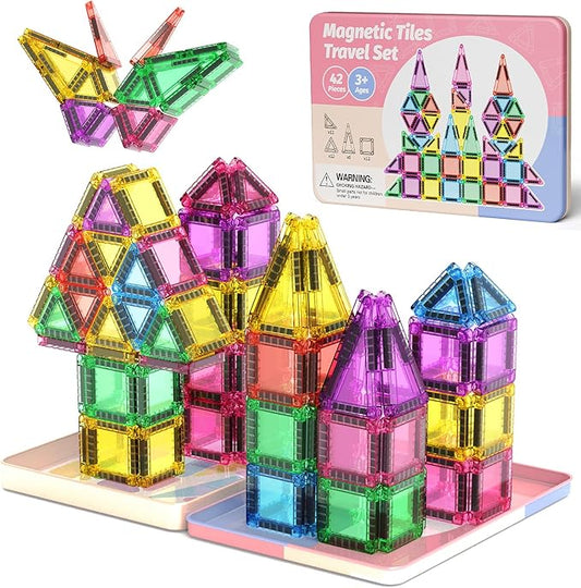 Mini Magnetic Tiles with Iron Box, 42PCS Travel Size Magnet Building Blocks Toy Set, Protable Construction Block Toys Educational Learning Sensory Toys for 3+ Year Old Boys Girls Birthday Gift