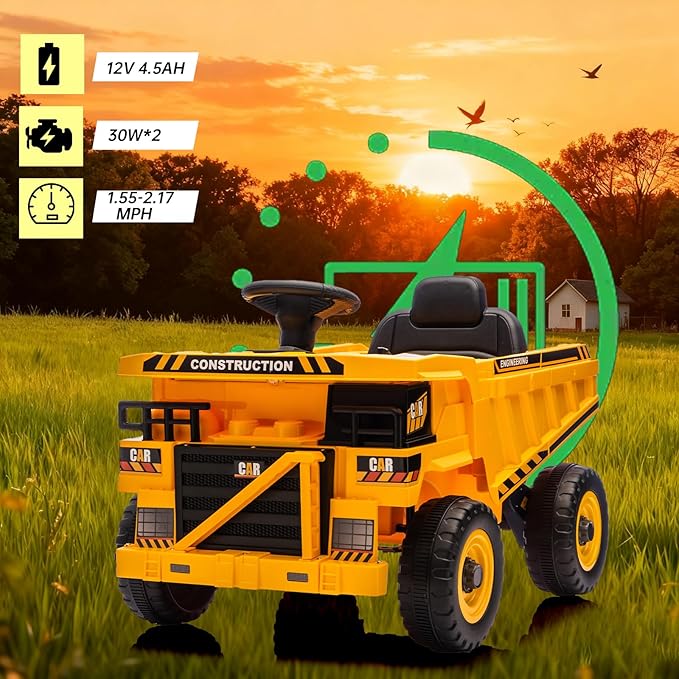 Ride On Construction Truck, 12V Battery Powered Ride On Car with Remote Control, Kids Electric Vehicle with Shovel, Speaker, Yellow