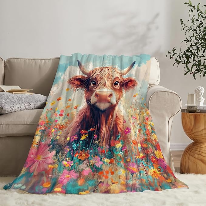 Highland Cow Blanket Cute Cattle Throw Blankets for Girls Boys Women Men Gifts Plush Cozy Flannel Fleece Fuzzy Flower Blanket for Bed Couch Sofa 80"X60"
