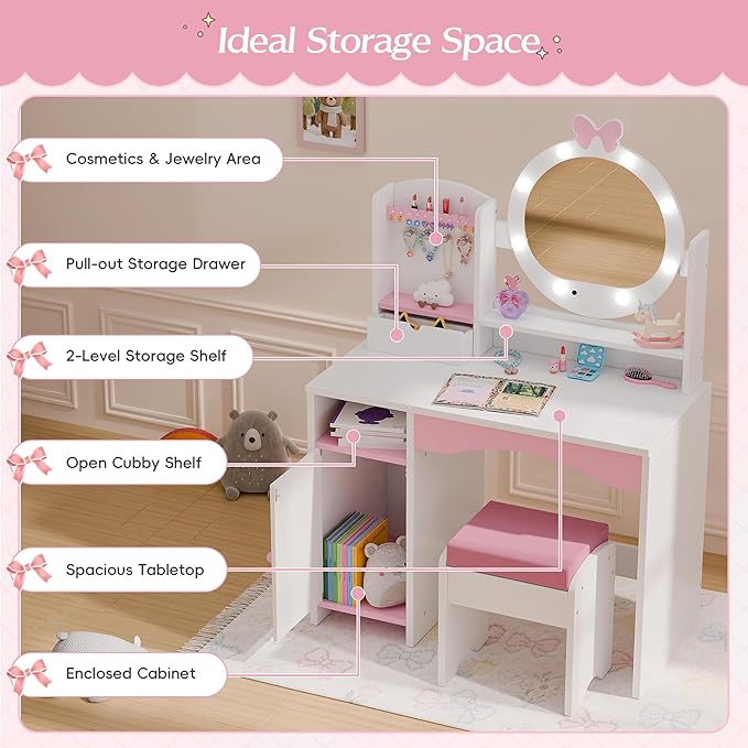 TOLEAD Kids Vanity, Girls Vanity Set with Mirror and Stool and Lights, Toddler Vanity Table and Chair Set with Jewelry Storage, Wooden Princess Makeup Desk Dressing Table for Little Girls (White)