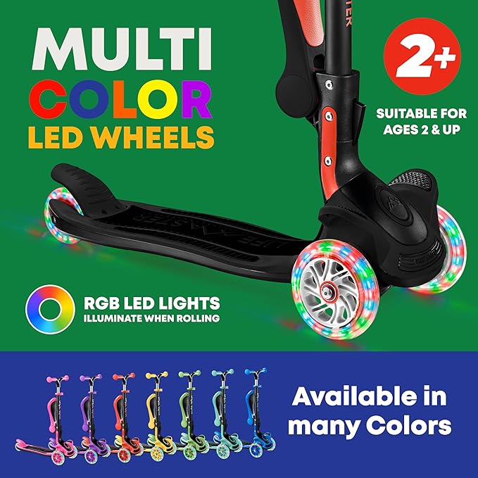 Kids Scooter – Foldable Seat – LED Wheel Lights Illuminate When Rolling – Children and Toddler 3 Wheel Kick Scooter – Adjustable Handlebar – Indoor and Outdoor- by Lifemaster