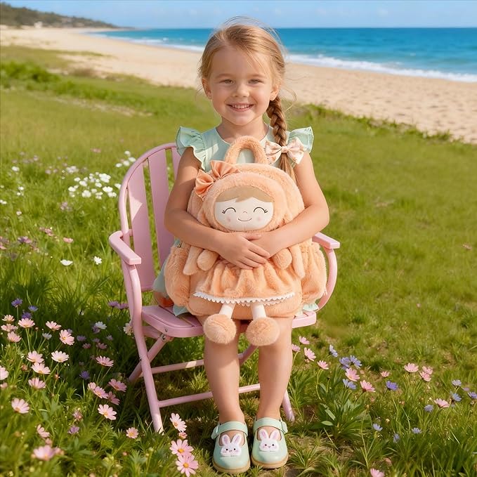 Gloveleya Back to School Gifts for Girls Toddler Backpack Plush Bag with Detachable Orange Rabbit 11 Inches Gift for Baby Girl Aged 2+