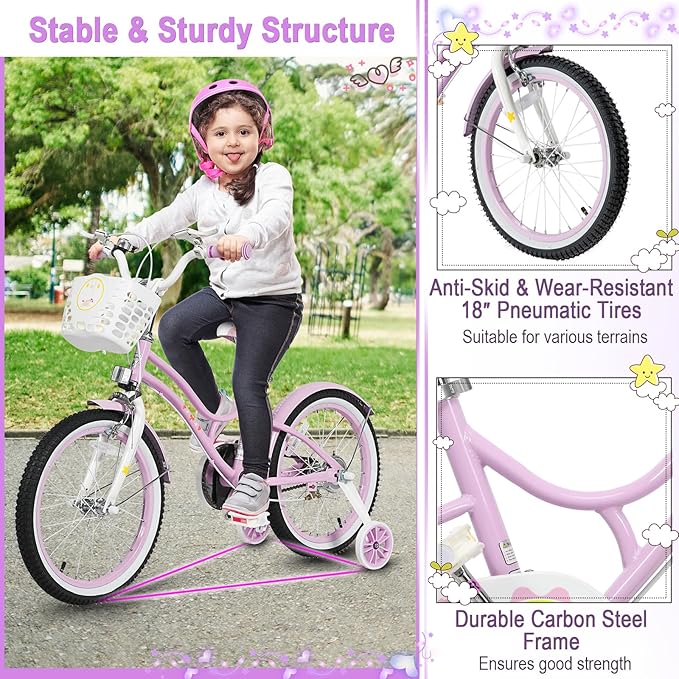 HONEY JOY Kids Bike, 12 14 16 18 20 Inch Toddler Bikes w/Training Wheels, Handbrake & Coaster Brake, Fully Enclosed Chain, Adjustable Handlebar & Seat, Kids Bicycle w/Basket, Girls Boys Bike 3-8