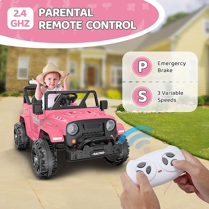 12V Ride On Truck Car with Remote Control, Kids Electric Vehicles with Bluetooth Music, Horn, 3 Speeds, 4 LED Lights, Soft Start, Ride on Toys for Toddler Boys & Girls (Pink)
