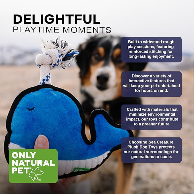 Only Natural Pet Sea Creatures Recycled Plush Dog Toys - Durable Double-Stitched Design with Internal Squeaker, Rope Tug Blow Hole & Ribbed Belly - Squeaky Pet Toy | Winston The Whale, 8.5" x 7.5"